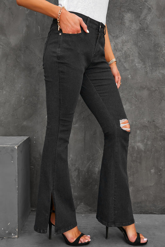 Side Slit Distressed Flare Jeans