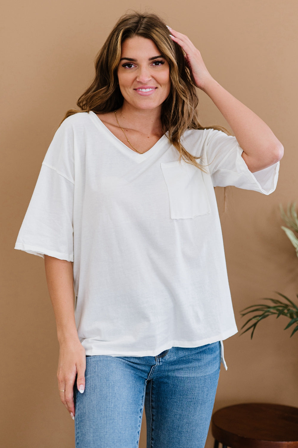 Zenana All-Nighter Full Size Run High-Low V-Neck Tee in Ivory