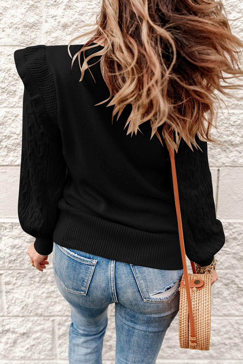 Ruffle Shoulder Cable-Knit Sweater