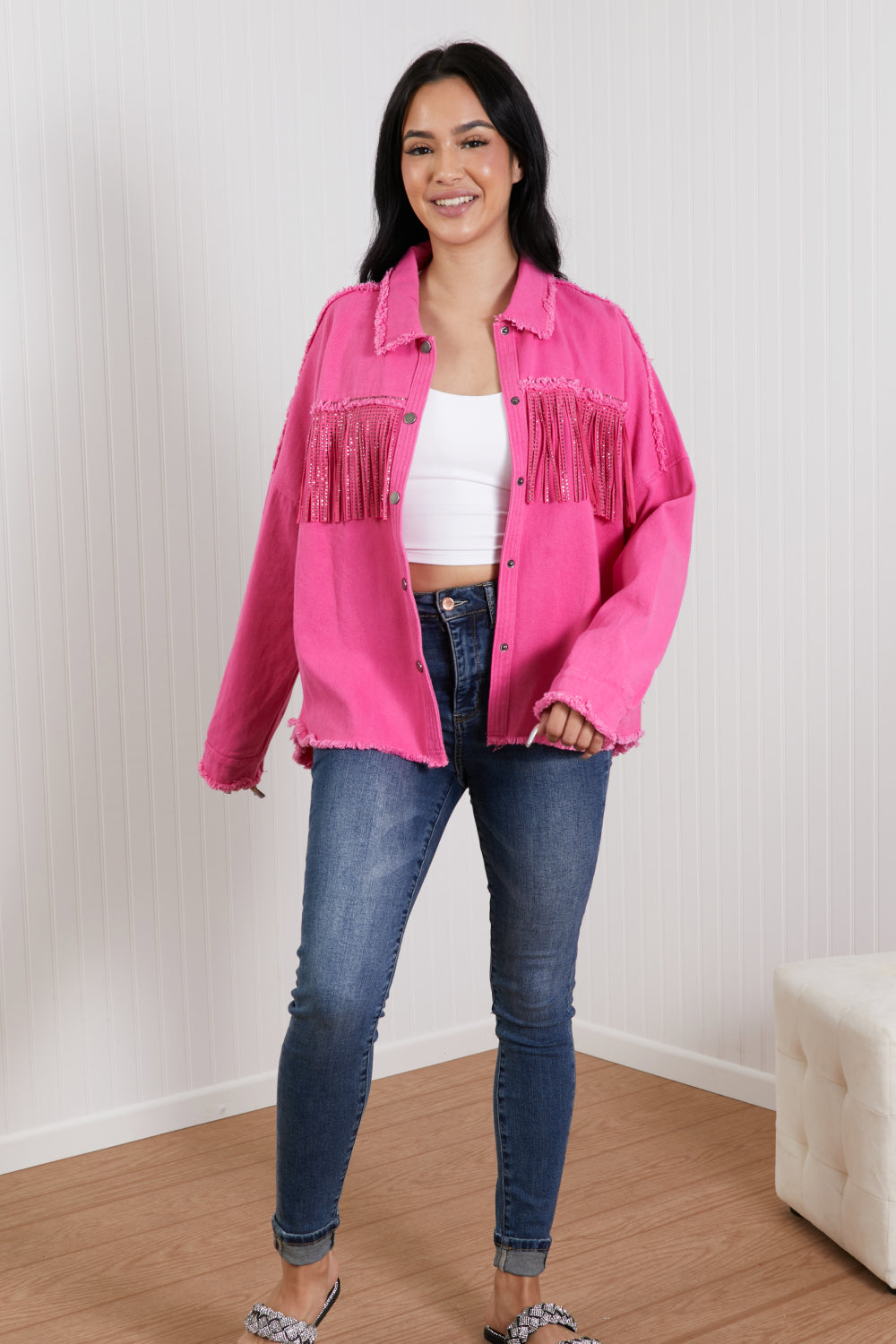 GeeGee Southwest Full Size Rhinestone Fringe Detail Shirt Jacket