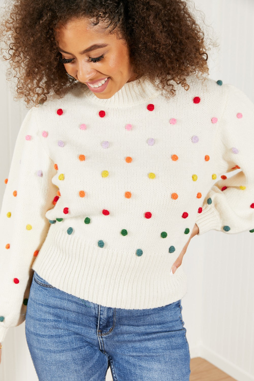 Davi & Dani Pop of Color Full Size Rainbow Pom Pom Sweater