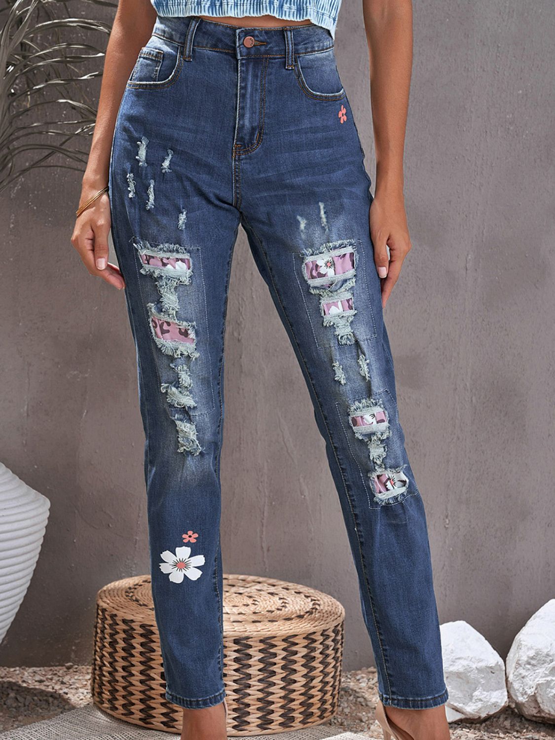 Floral Leopard Print Patchwork Distressed High Waist Jeans