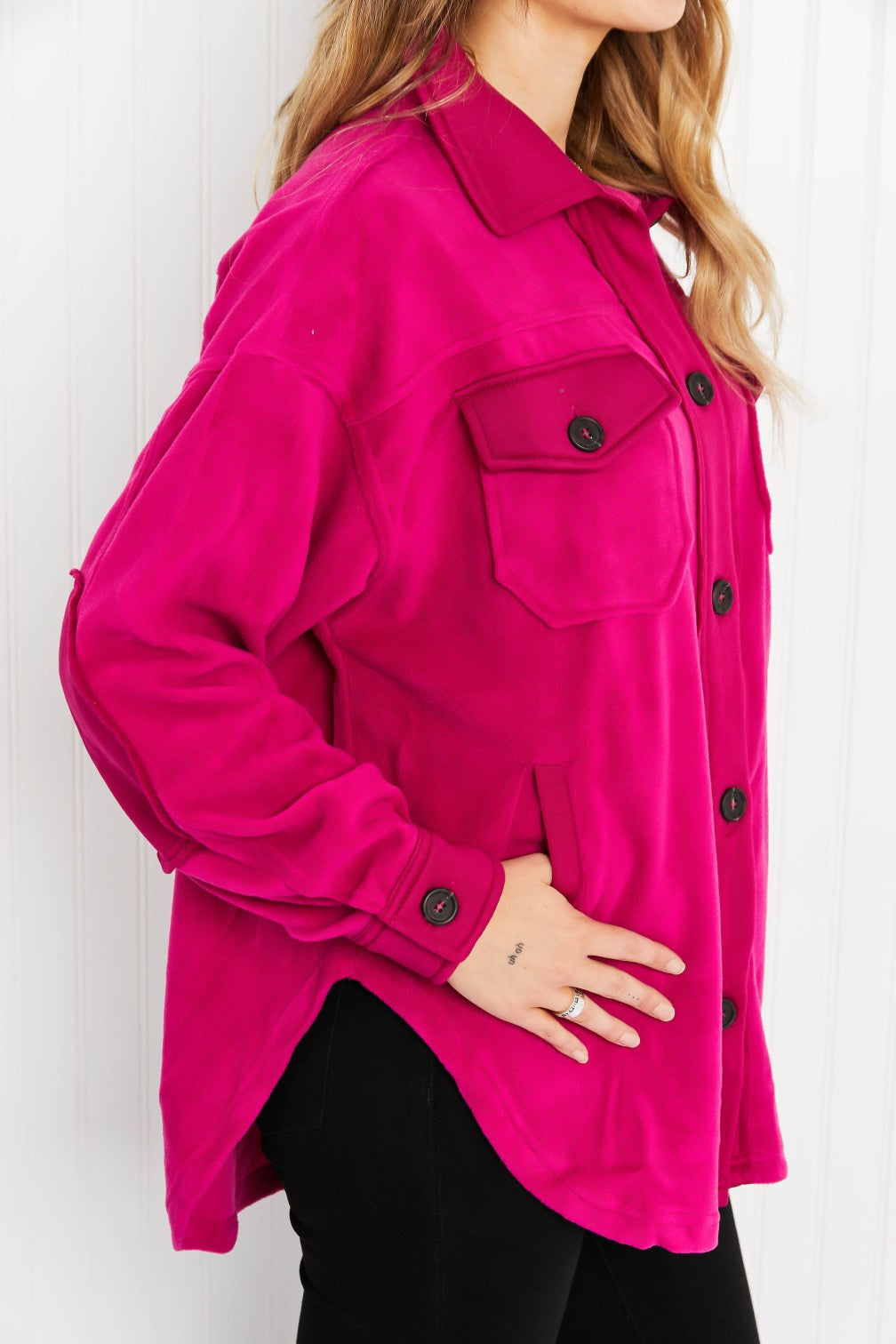 Zenana Cozy in the Cabin Full Size Fleece Elbow Patch Shacket in Magenta