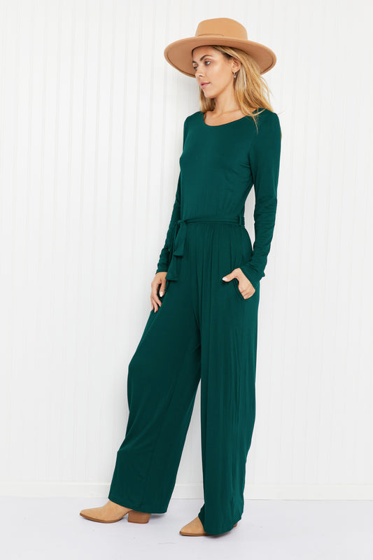 White Birch Lost in Your Eyes Full Size Wide-Leg Jumpsuit in Hunter Green