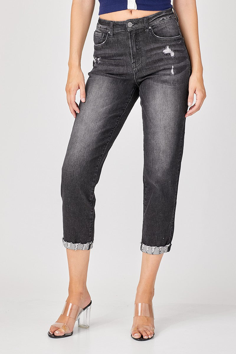 RISEN Distressed High-Rise Boyfriend Jeans in Black