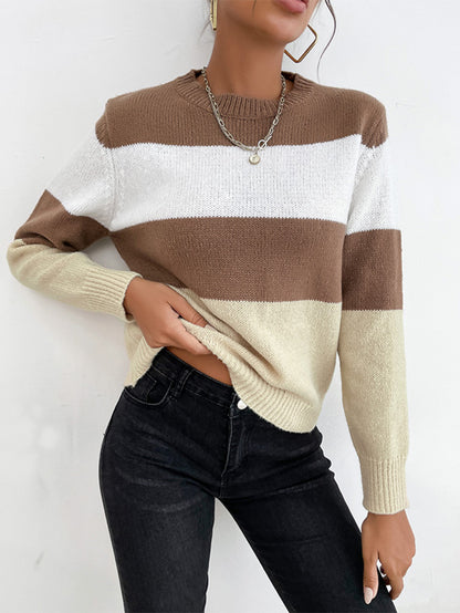 Tricolor Striped Crewneck Pullover Sweater