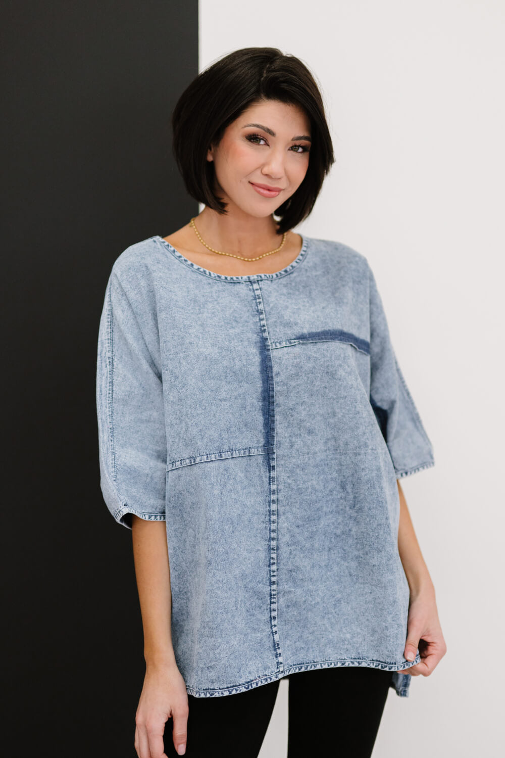 Zenana Out of the Blue Full Size Run Chambray High-Low Top