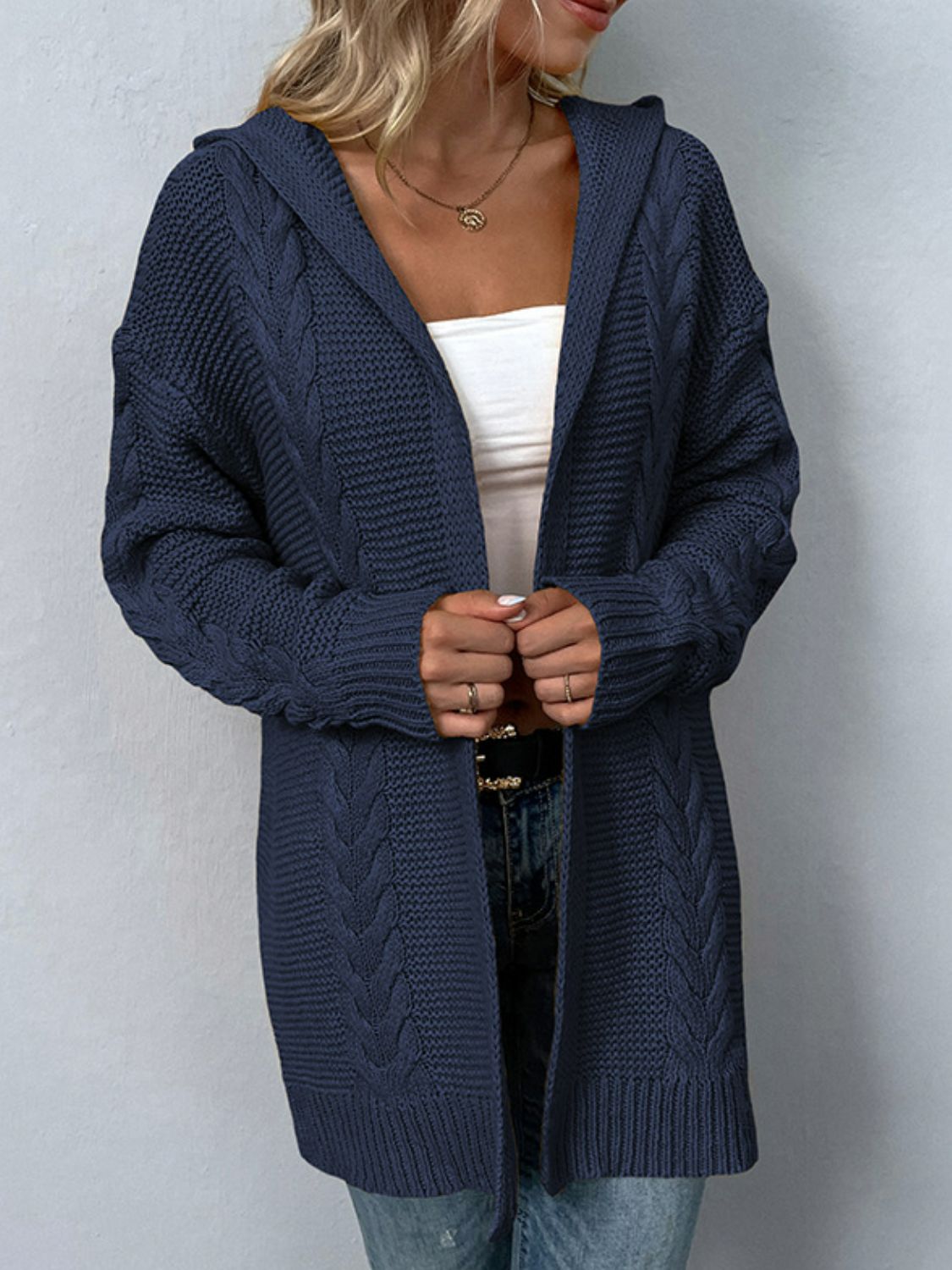 Cable-Knit Longline Hooded Cardigan