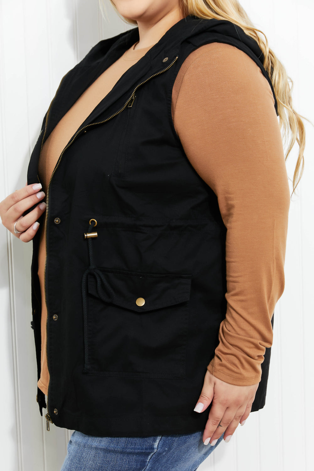 Zenana Autumn Vibes Full Size Hooded Vest in Black