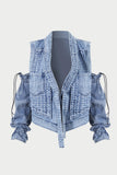 Fringe Detail Cold Shoulder Convertible Denim Jacket