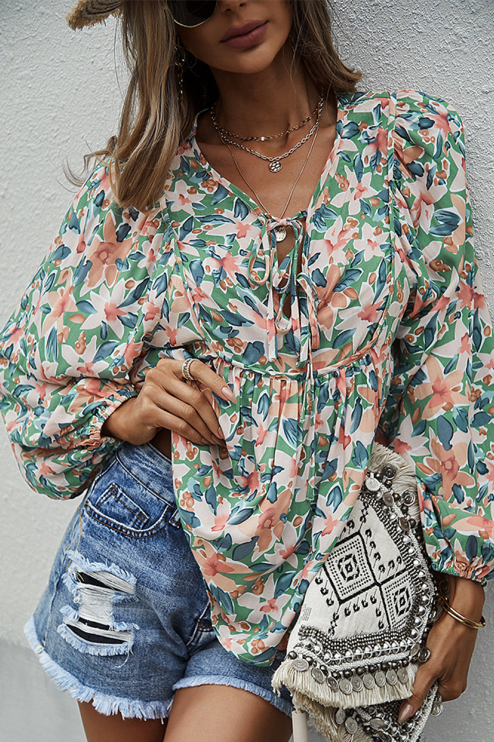 Floral Tie Neck Babydoll Blouse