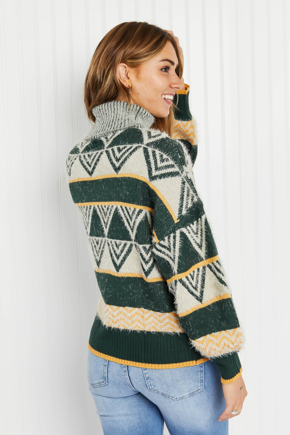 Davi & Dani Cozy Weather Full Size Geometric Fuzzy Turtleneck Sweater in Green