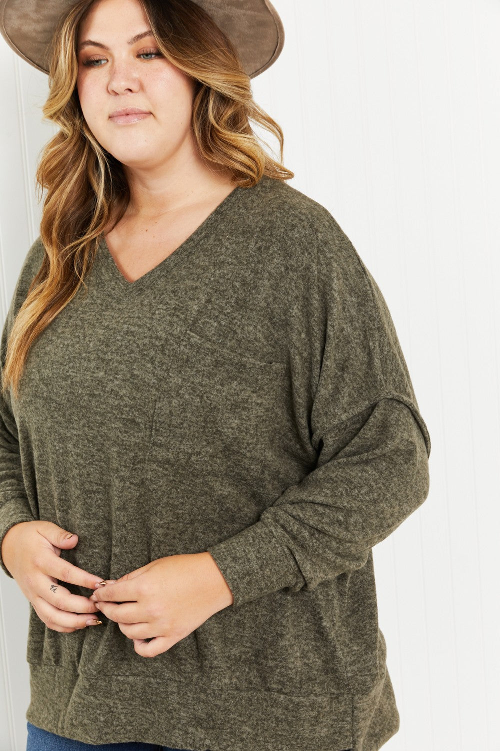 Zenana Up in Vancouver Full Size Melange Sweater in Dark Olive