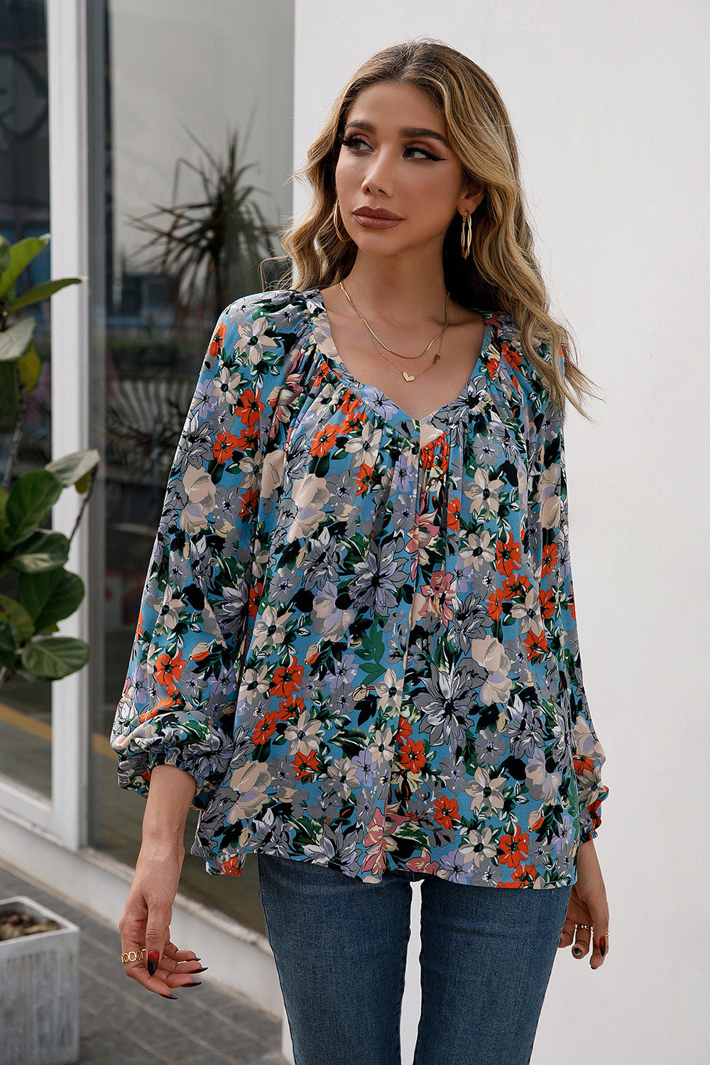 Floral Pleated Detail V-Neck Blouse