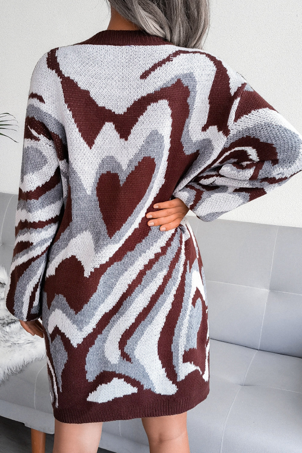 Heart Print Long Sleeve Mini Sweater Dress (Belt Not Included)