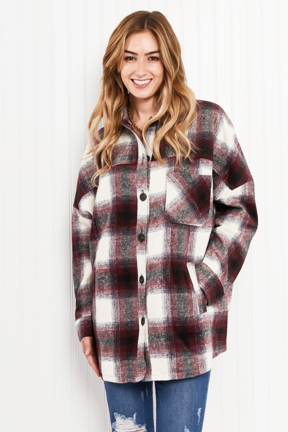 Zenana Autumn Evening Full Size Plaid Longline Shacket in Burgundy