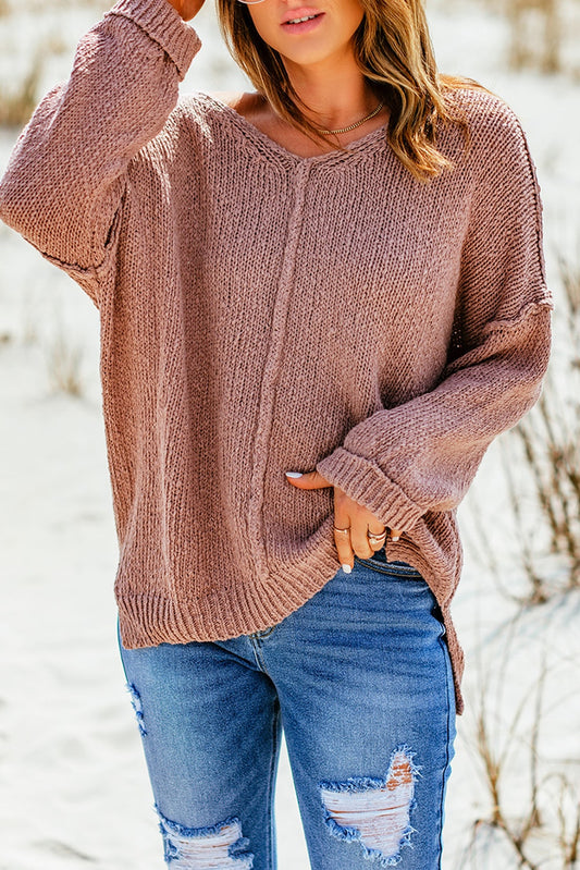 Exposed Seam V-Neck Slit Sweater