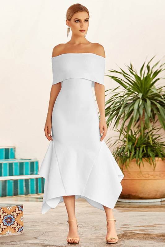 Off-Shoulder Ruffle Hem Midi Dress