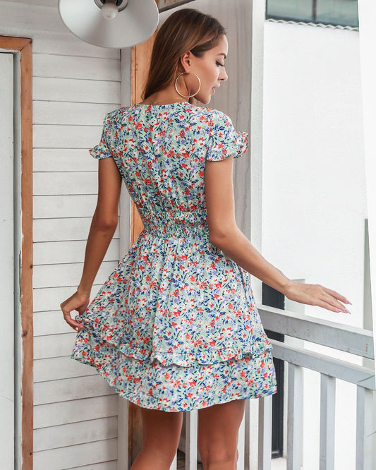 Floral Tie Front Layered Mini Dress