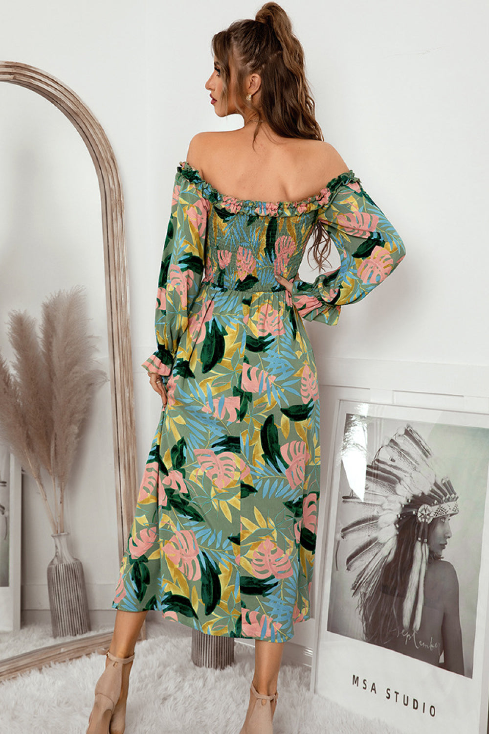 Botanical Print Off-Shoulder Side Slit Midi Dress