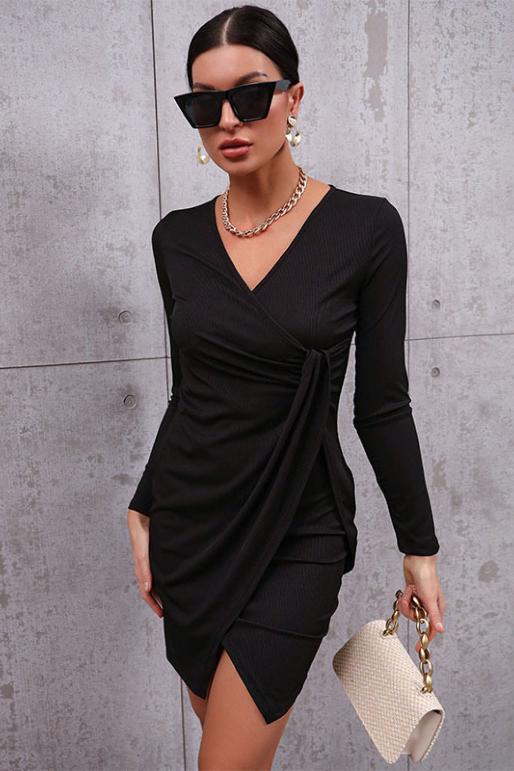 Rib-Knit Surplice Mini Wrap Dress