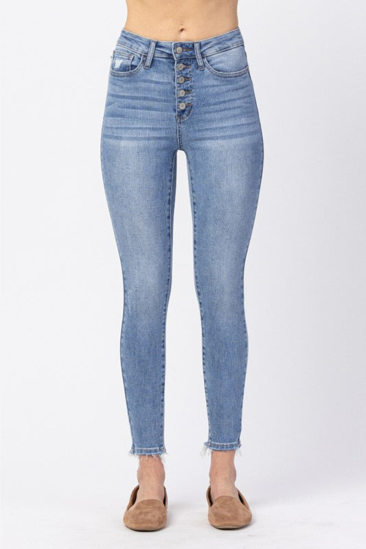 Judy Blue Full Size Button Fly Raw Hem Jeans