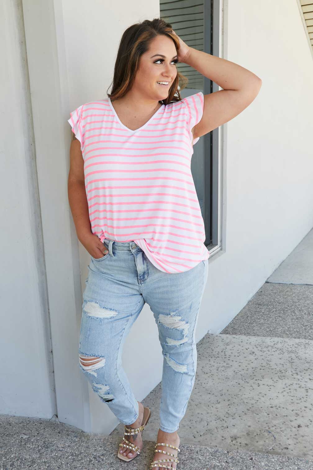 Sew In Love Illuminate the Way Full Size Striped Tee in Neon Pink