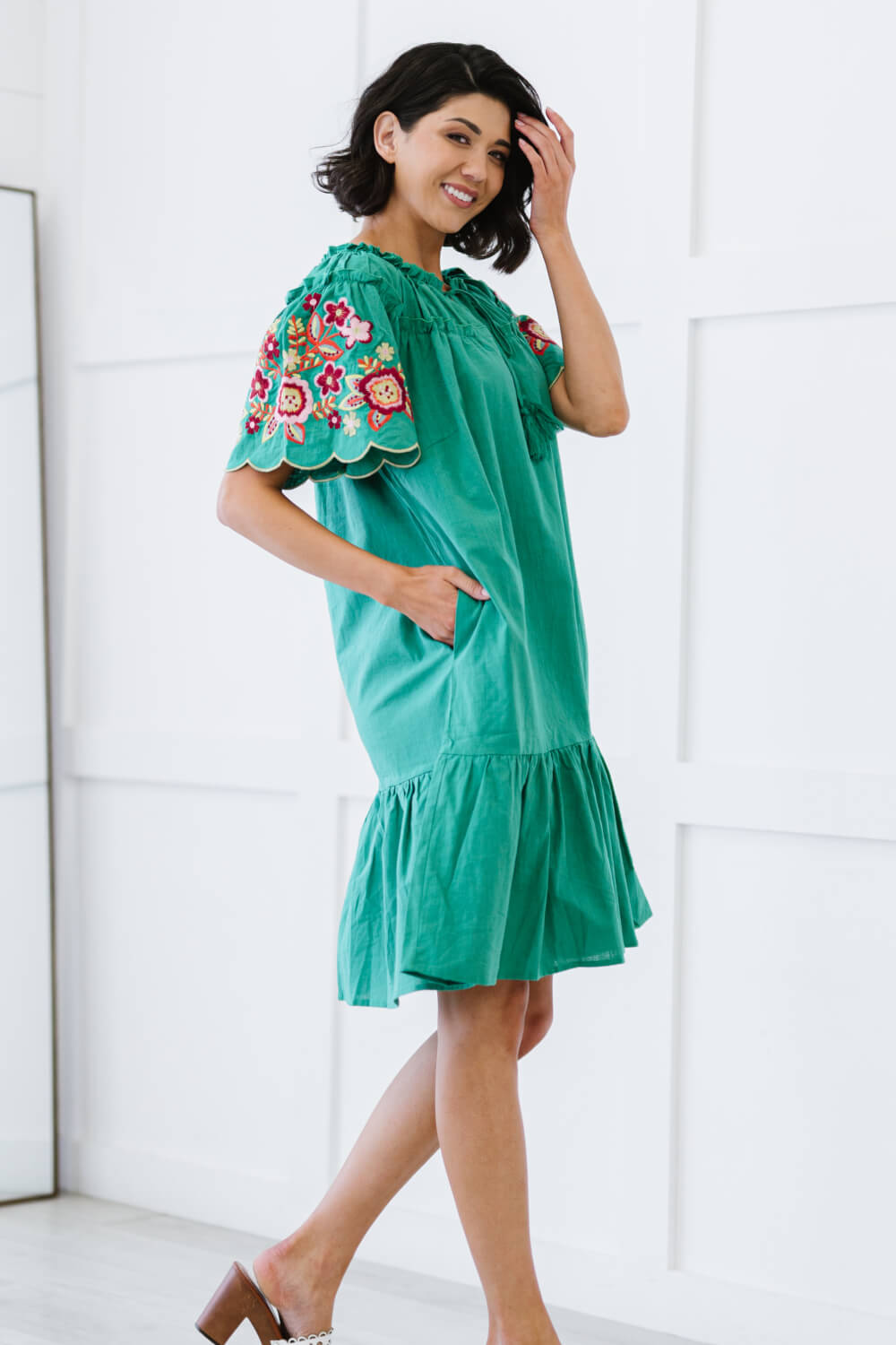 Davi & Dani Flowers for You Full Size Embroidered Dress in Green