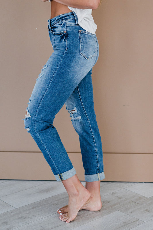 Judy Blue Mid Rise Cuffed Distressed Jeans