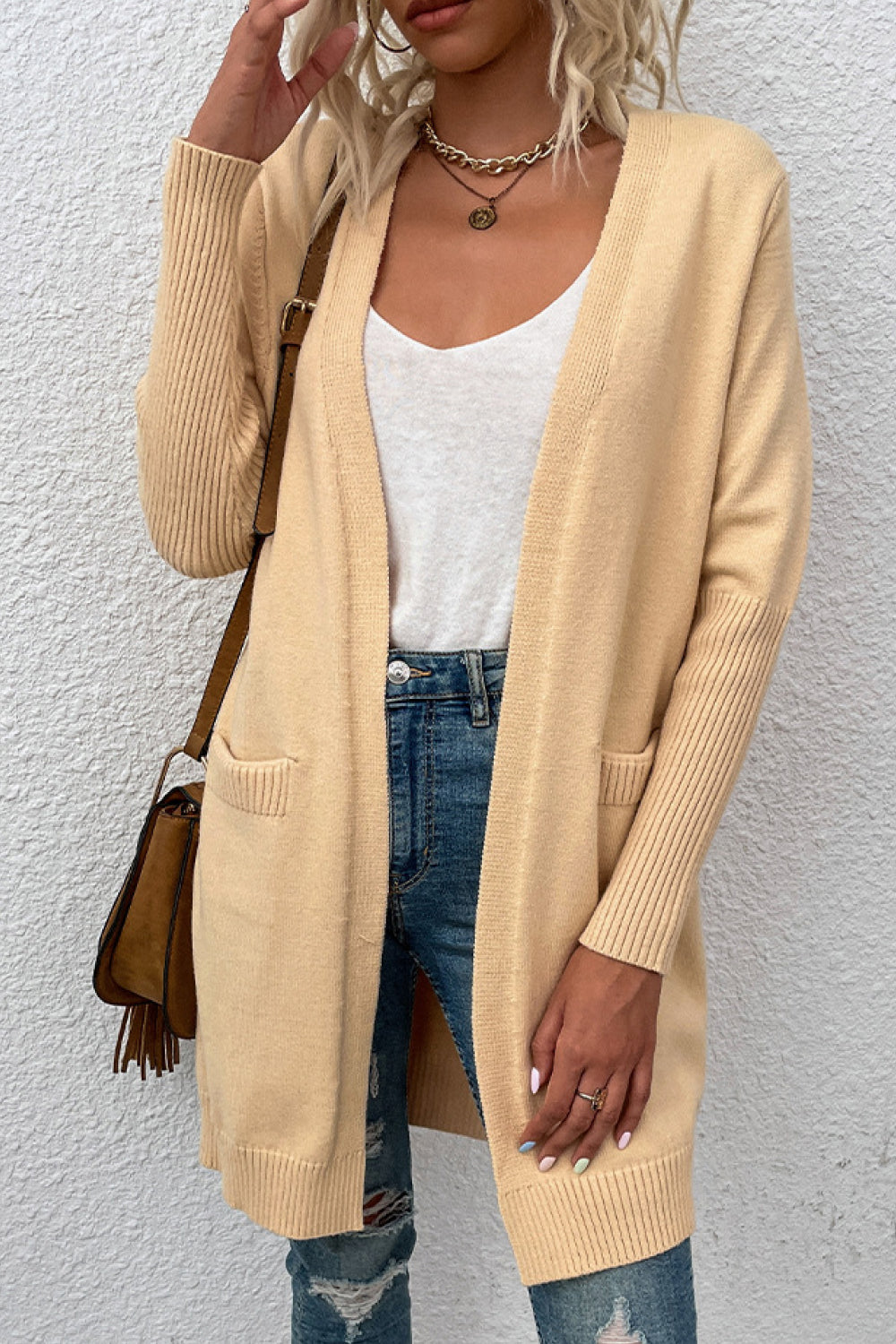 Ribbed Sleeve Longline Cardigan with Pockets