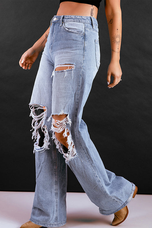 High Waist Distressed Wide Leg Jeans with Pockets