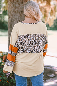 Plus Size Leopard Color Block Side Slit Top