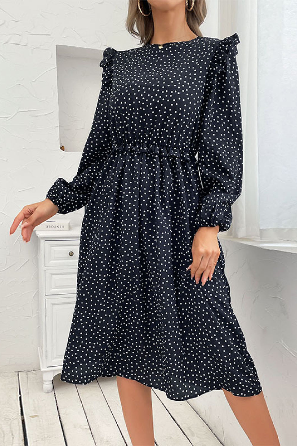 Polka Dot Ruffled Shoulder Midi Dress