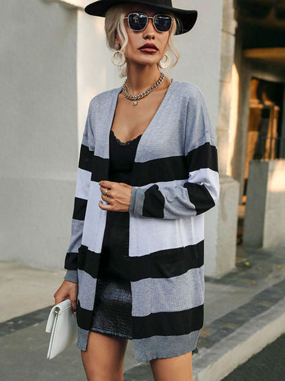 Striped Dropped Shoulder Open Front Longline Cardigan