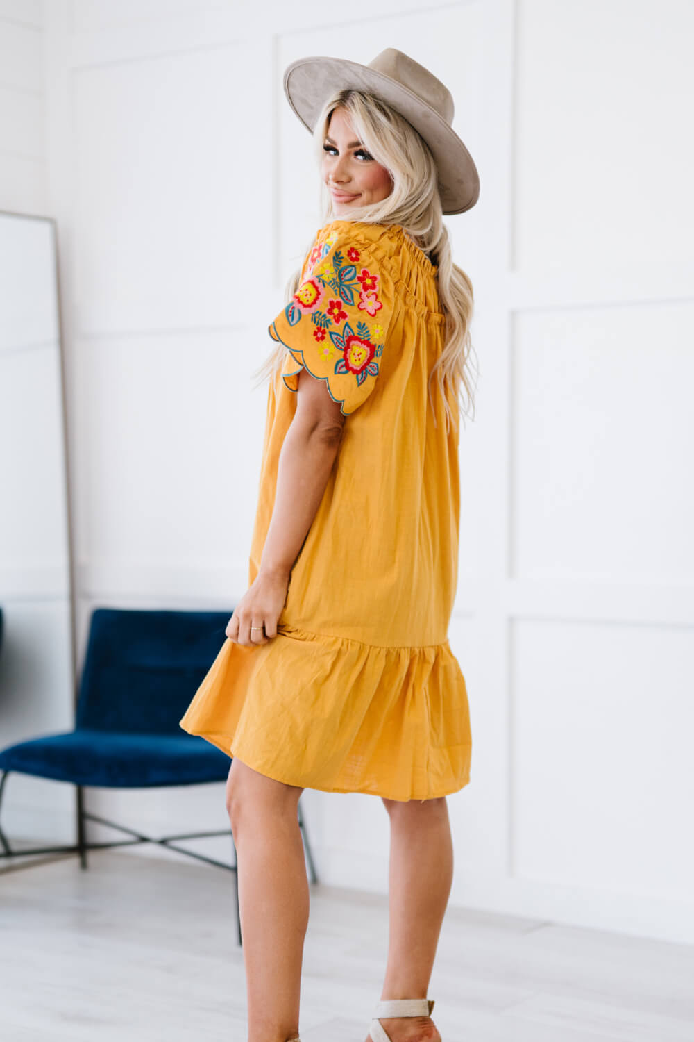 Davi & Dani Flowers for You Full Size Embroidered Dress in Mustard