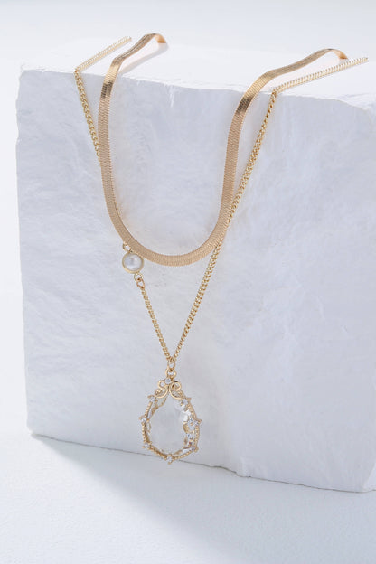 Crystal Pendant and Snake Chain Double-Layered Necklace