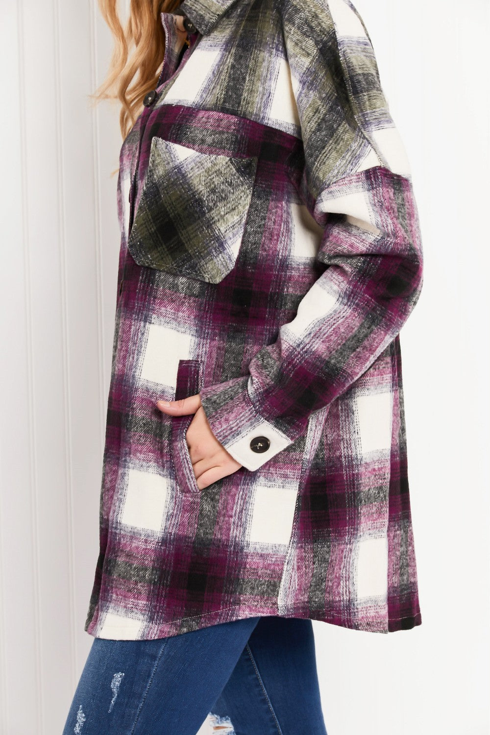 Zenana Colors of Autumn Full Size Plaid Shacket in Eggplant/Olive