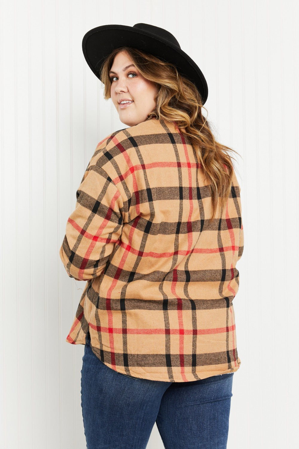 Andree by Unit  Pumpkin Patch Full Size Plaid Faux Fur Lined Shacket