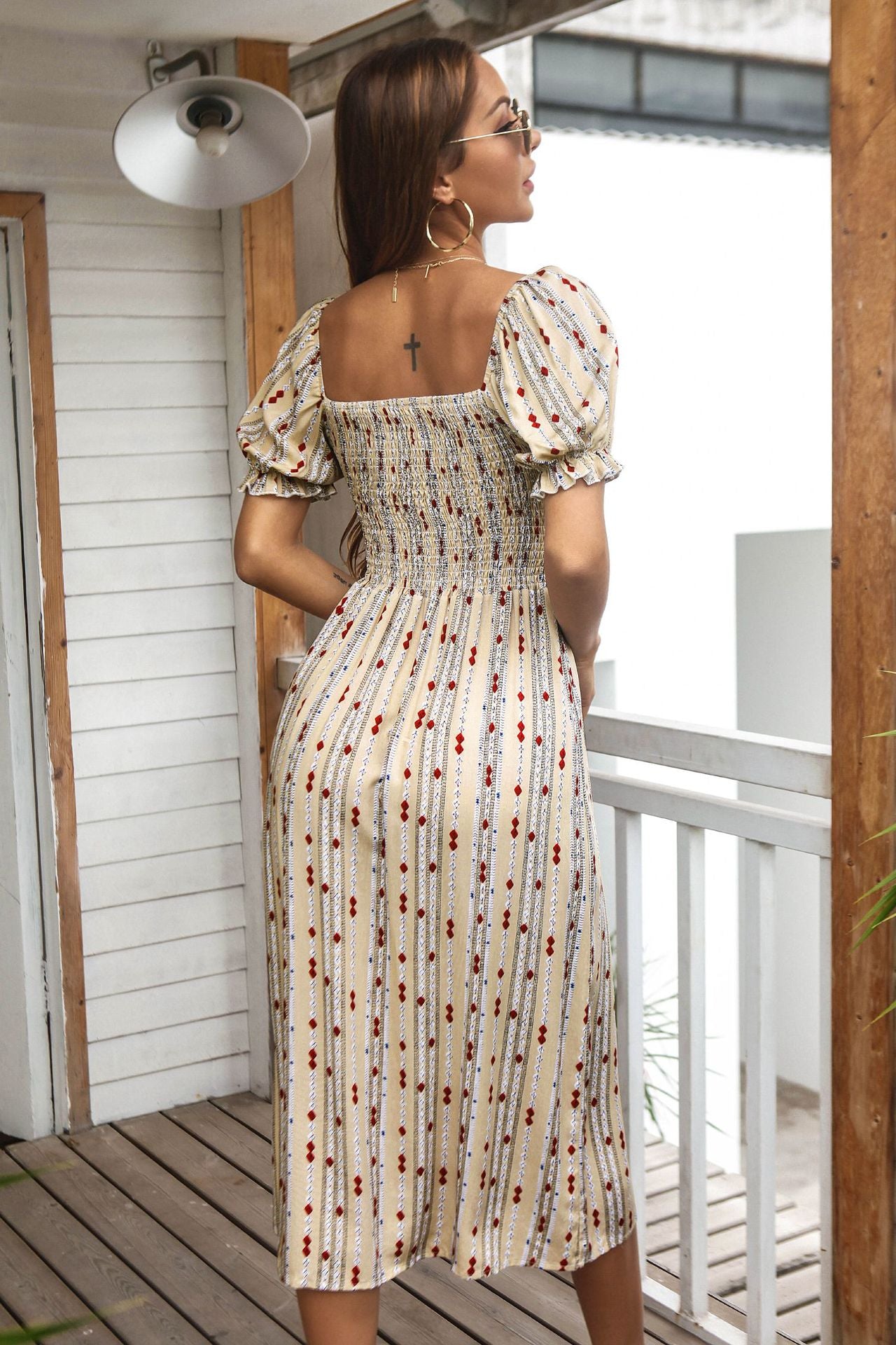 Geometric Print Side Slit Puff Sleeve Midi Dress