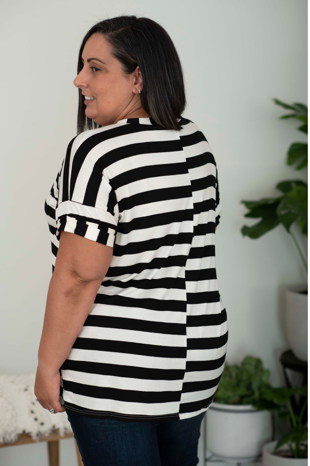 Sew In Love Out and About Full Size Striped Pocket Tee in Black and Ivory