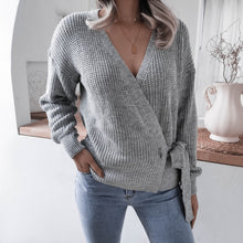 Load image into Gallery viewer, Rib-Knit Lantern Sleeve Wrap Sweater
