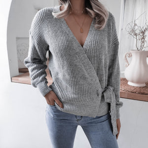 Rib-Knit Lantern Sleeve Wrap Sweater