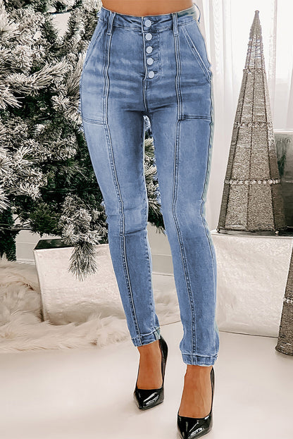 Button Fly Center Seam High Rise Jeans