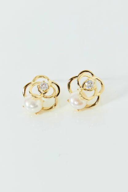 Rhinestone and Pearl Rose Stud Earrings