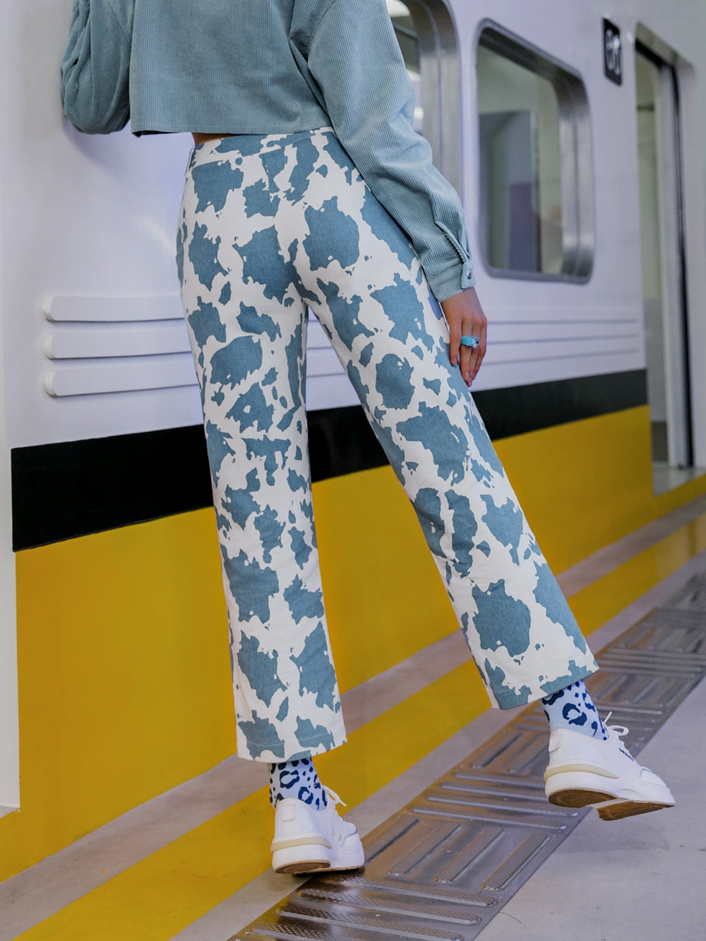 Cow Print Lace-Up Straight Leg Pants