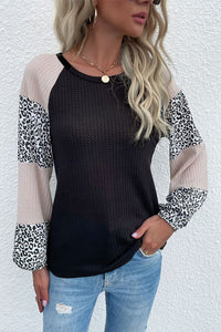 Contrast Leopard Print Waffle Knit Tee