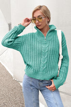 Load image into Gallery viewer, Mixed Knit Quarter Zip Dropped Shoulder Sweater
