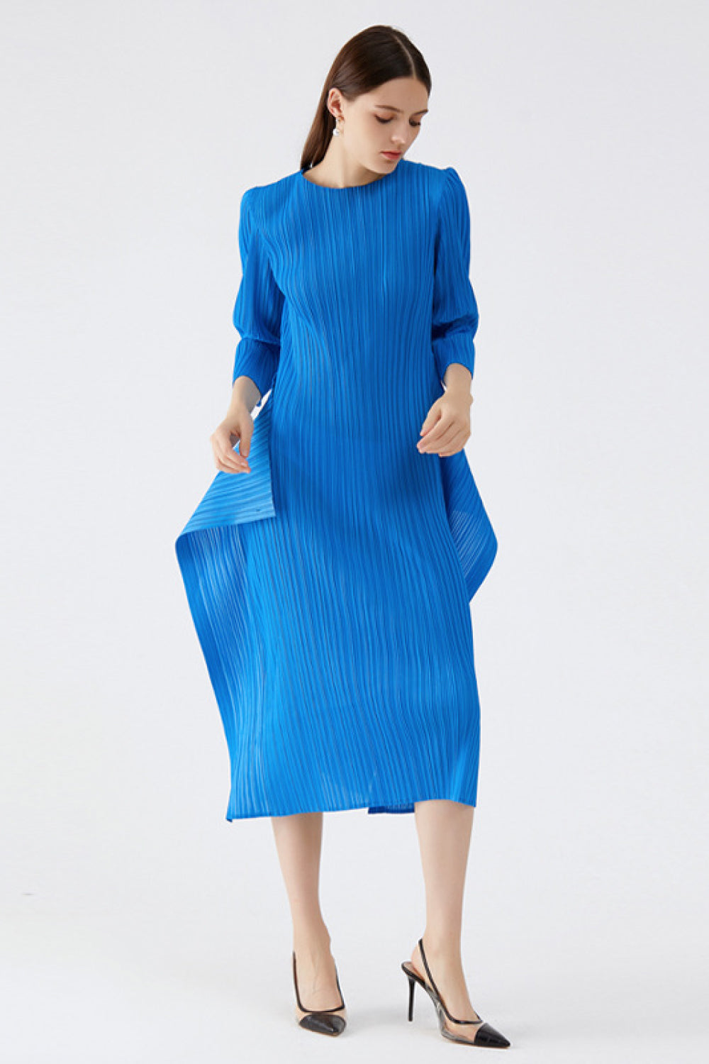 Accordion Pleated Midi Dress with Button Detail