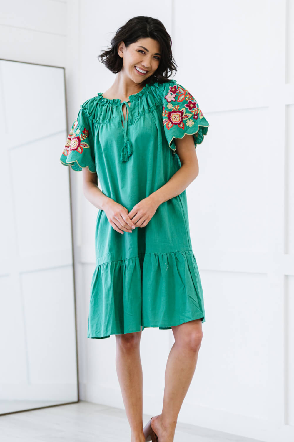 Davi & Dani Flowers for You Full Size Embroidered Dress in Green