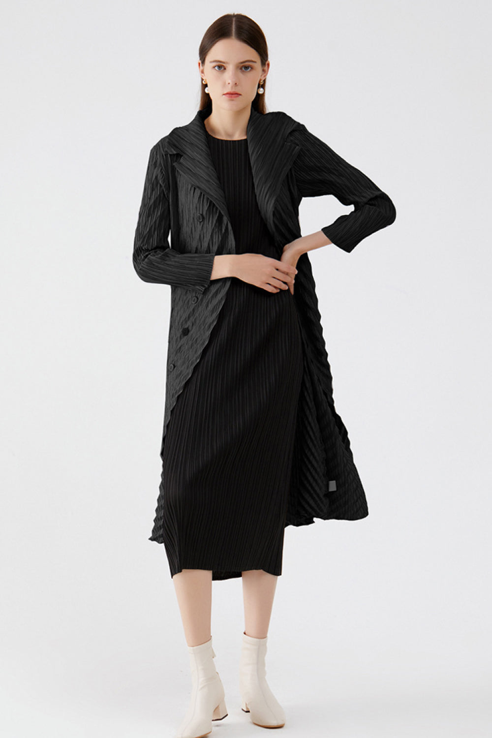 Accordion Pleated Double-Breasted Trench Coat